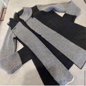 Color block-Black Grey Herringbone Wool Cocoon Sweater-Jacket SzS